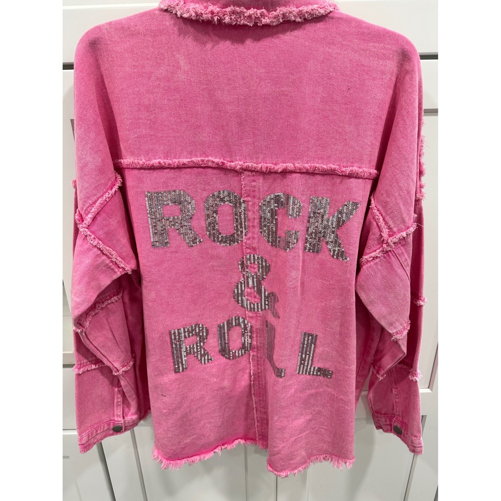 143 Story by Line Up Pink Rock & Roll Sequin Distressed Denim Shirt Jacket M
